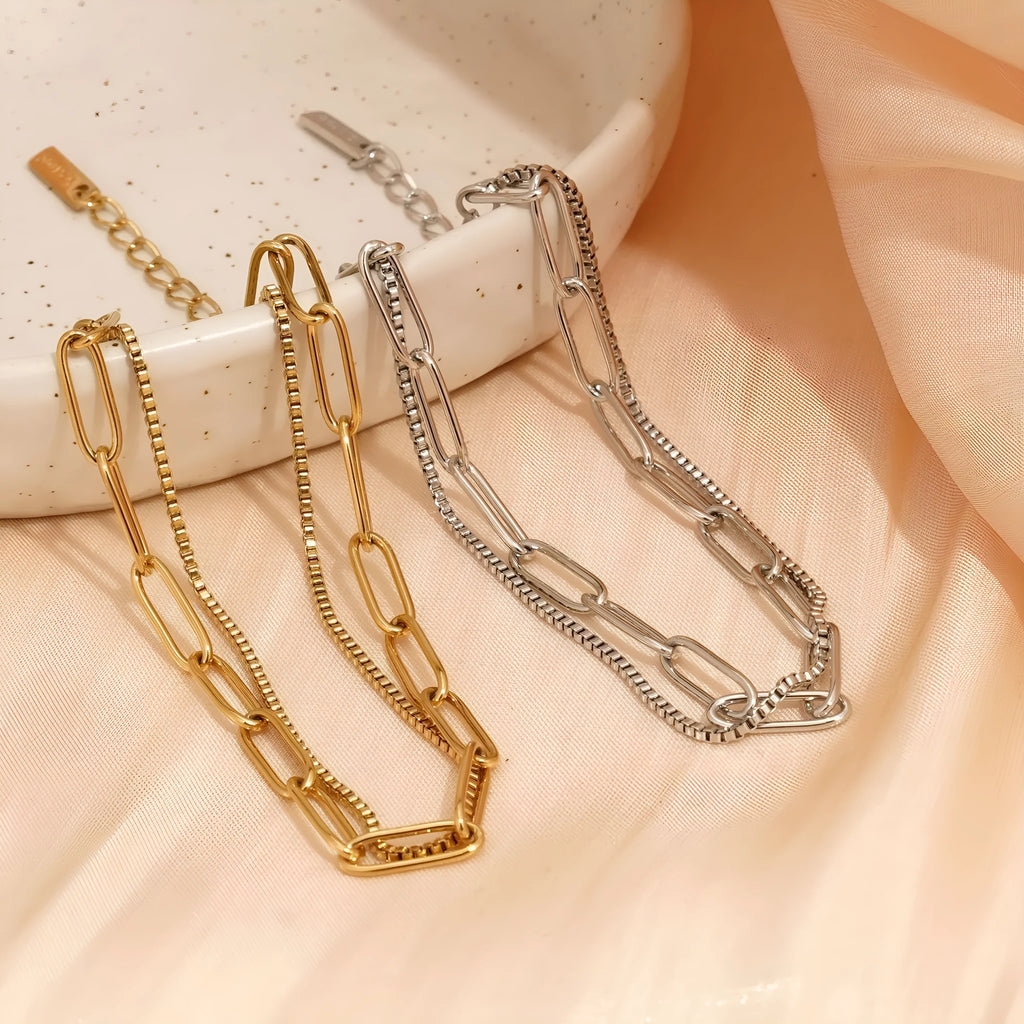 Women's double layer titanium steel bracelet with geometric lines in gold or silver electroplated finish