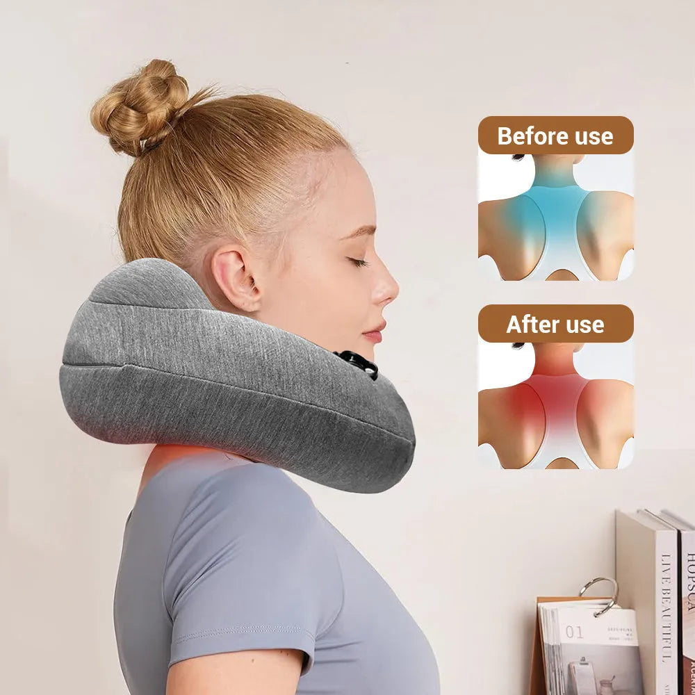 Gray inflatable U shape neck massager pillow with kneading massage modes and travel carry bag