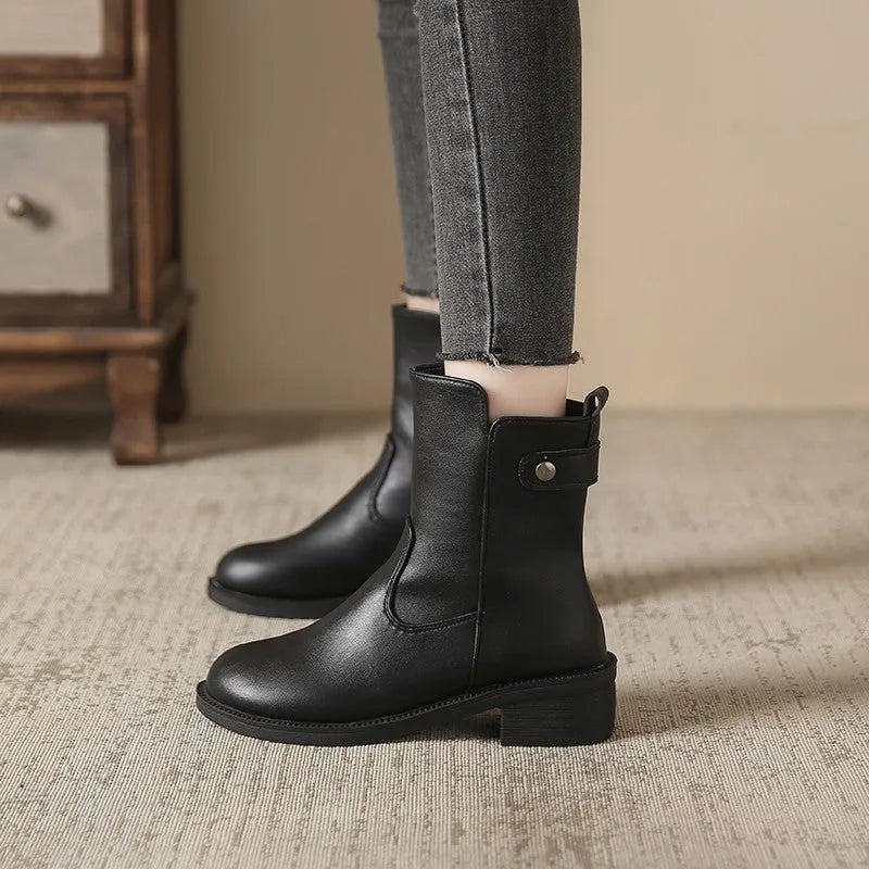 Women's black low heel ankle boots with side zip and round toe