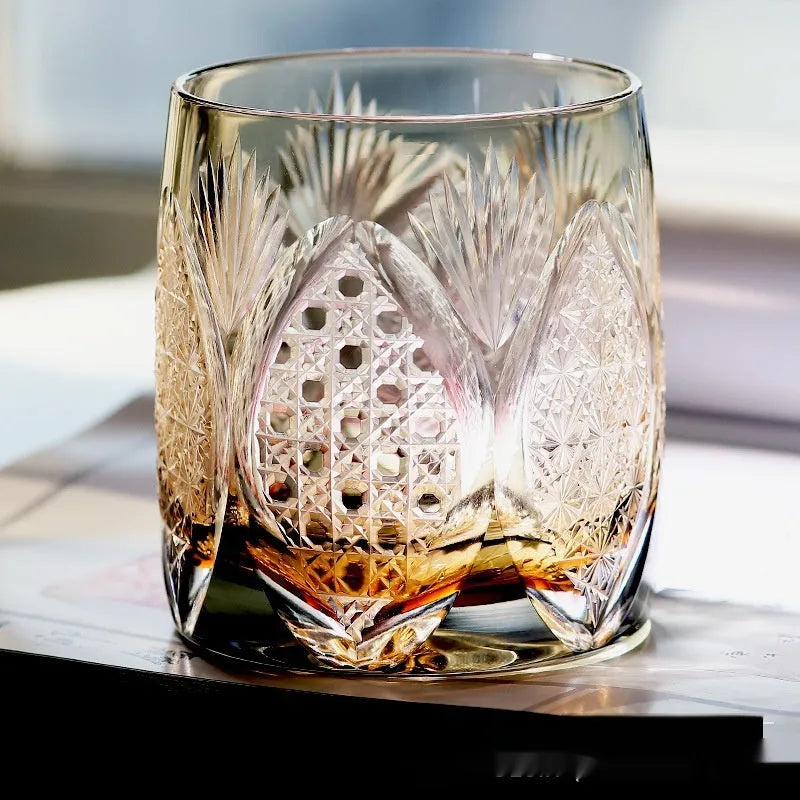 Crystal glass whiskey tumbler Japanese-style carved pattern grey tone 301-400ml capacity single glass