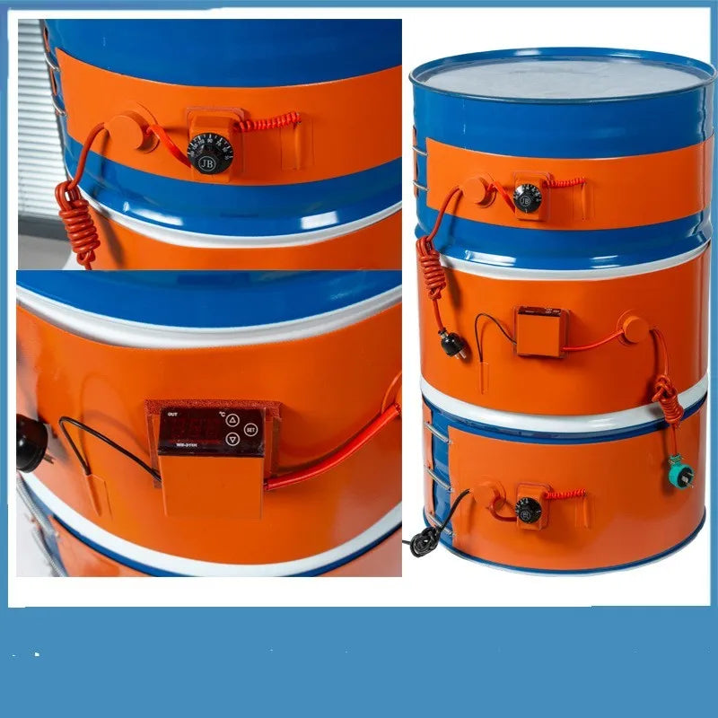Silicone rubber heating belt wrapped around a 200-litre metal oil drum with digital control unit