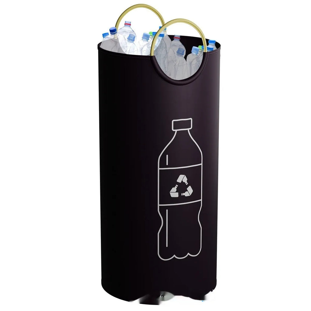 Round portable polypropylene trash can with a removable plastic liner bag.