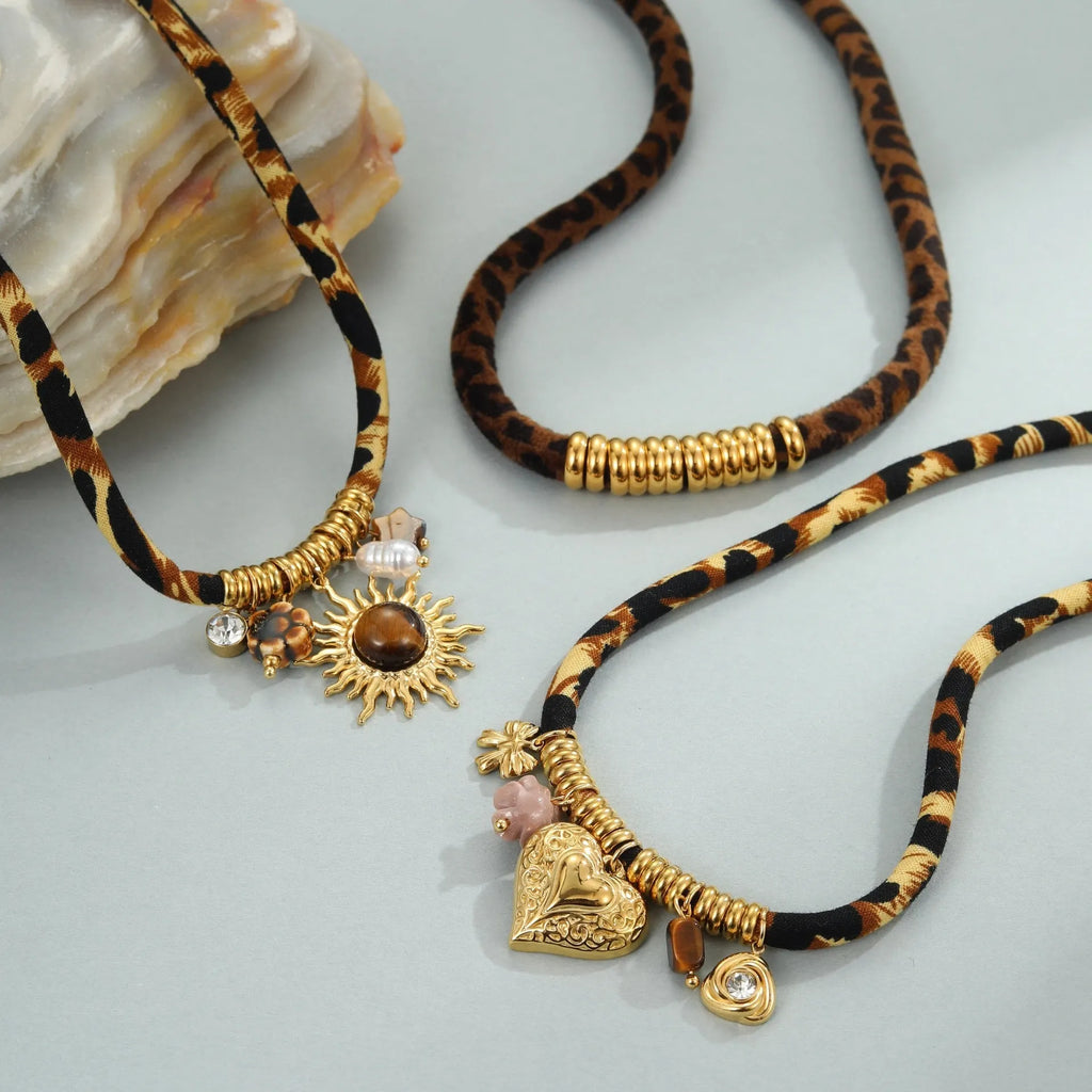 Leopard series stainless steel necklace with 18K gold plated geometric pendant and adjustable chain for women