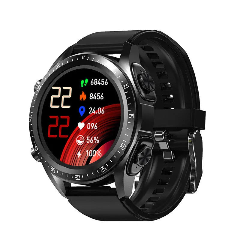 Black smart watch with blood pressure and oxygen monitoring on a silicone wrist strap.