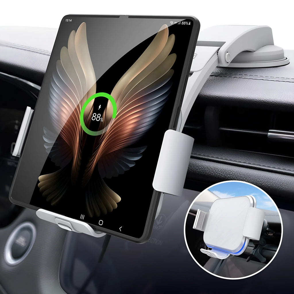 Grey wireless charging car phone holder with folding screen, air vent clip and suction cup mount