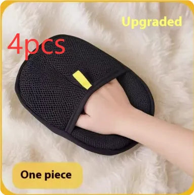 Black pet hair remover glove with dual-sided silicone bristles for grooming dogs and cats.