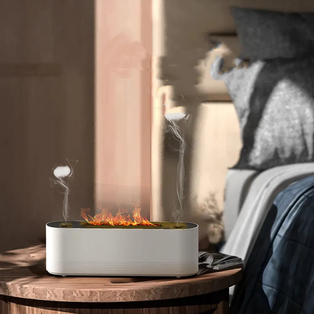 Black Flame Air Ultrasonic Humidifier emitting cool mist with a multi-colour LED flame light effect on a wooden table.