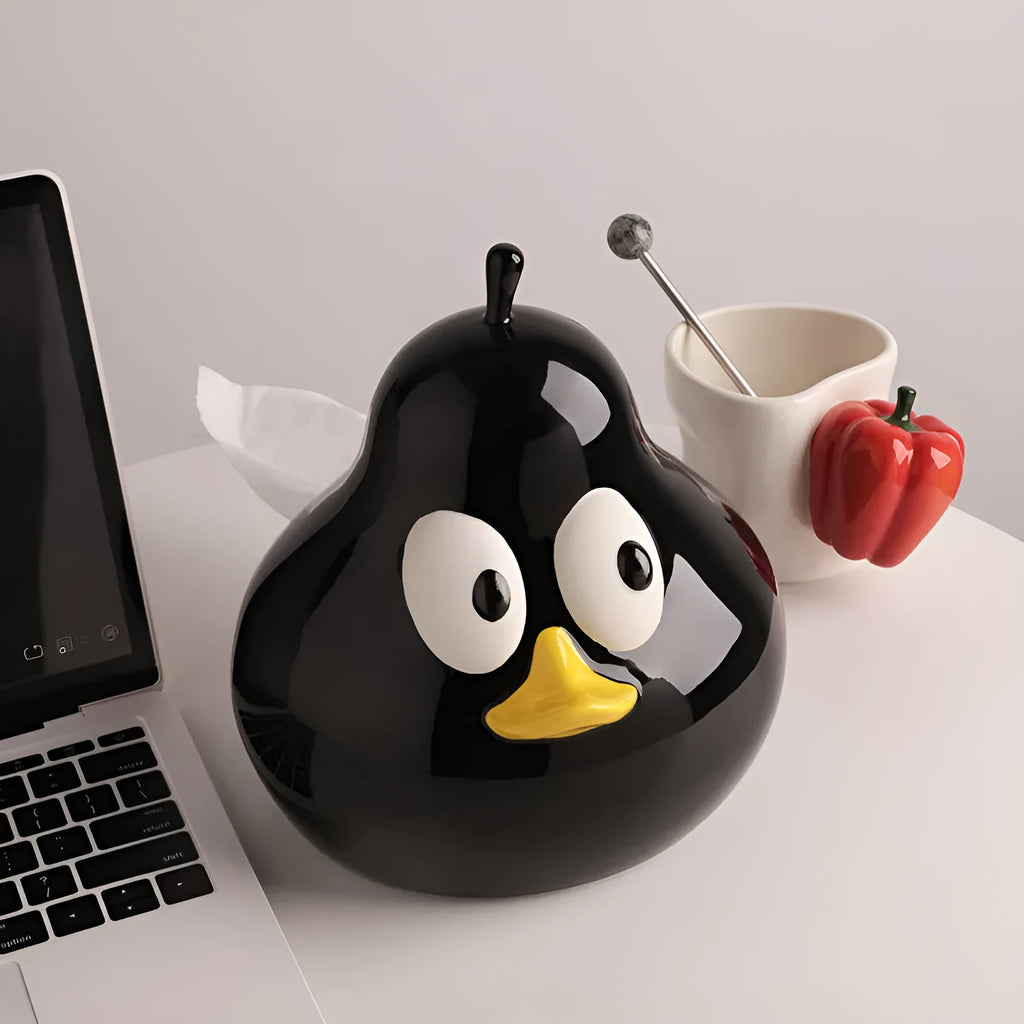 White ceramic pear-shaped tissue box holder with cute animal design in green colour option