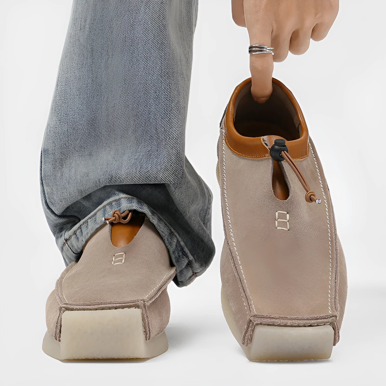 Casual plus size high-top loafers for men in beige suede leather with lace-up closure and rubber sole