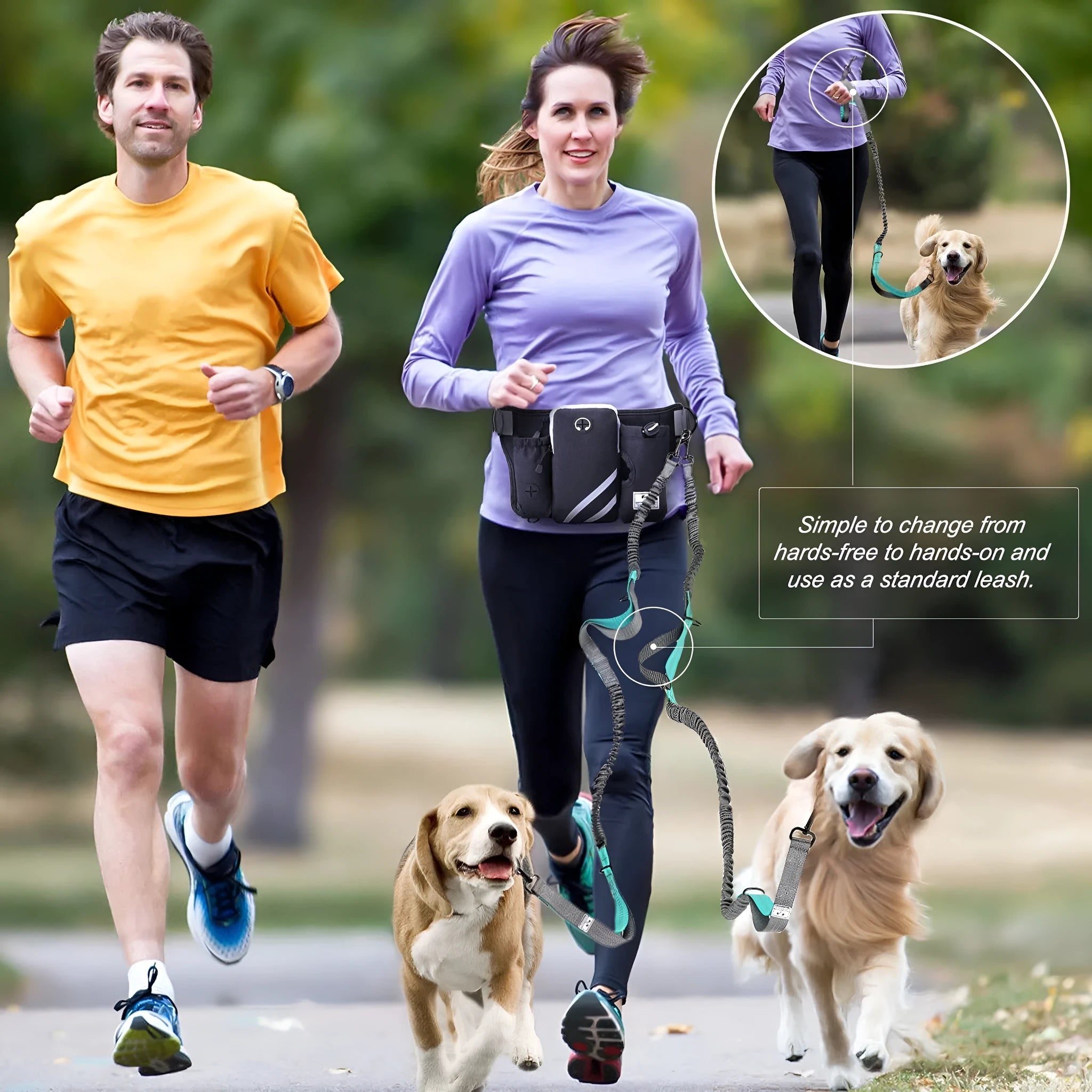Black outdoor pet training waist bag with telescopic dog lead attached for hands-free walking