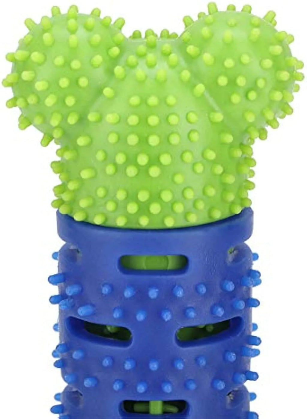 Blue silicone dog dental chew toy with serrated brush head and crevice for toothpaste insertion
