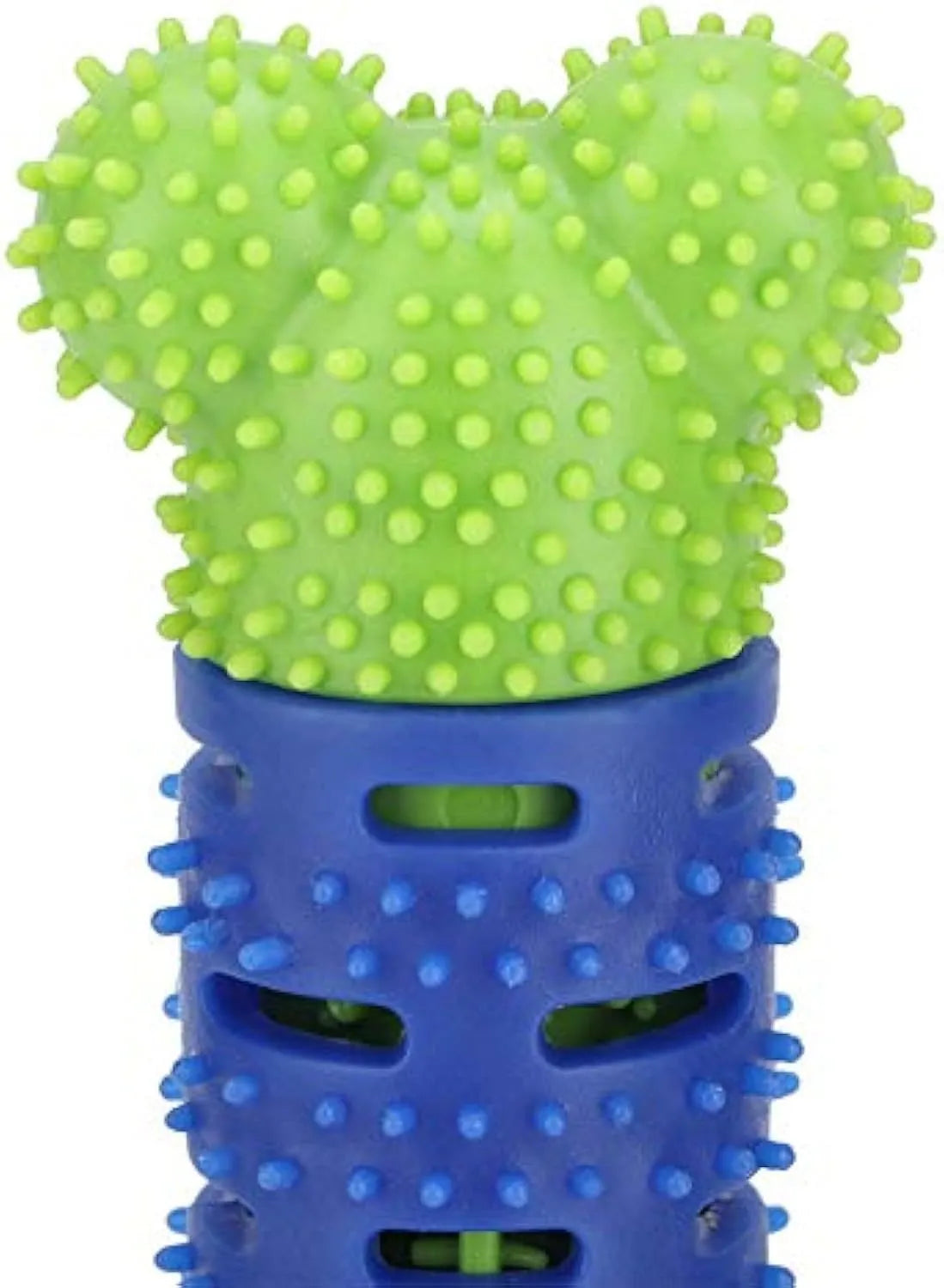 Blue silicone dog dental chew toy with serrated brush head and crevice for toothpaste insertion