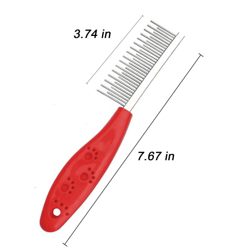 Red plastic handle pet grooming comb with dual-length stainless steel teeth for dematting dogs and cats.