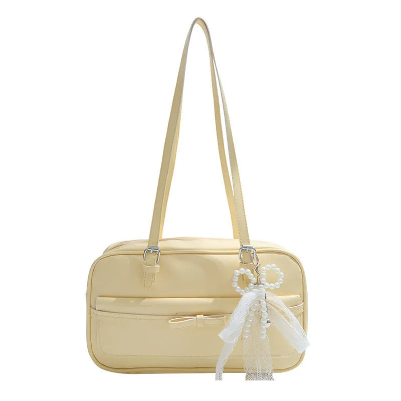 Women's solid colour PU single-shoulder flap bag with pearl bow decoration and mobile phone pocket