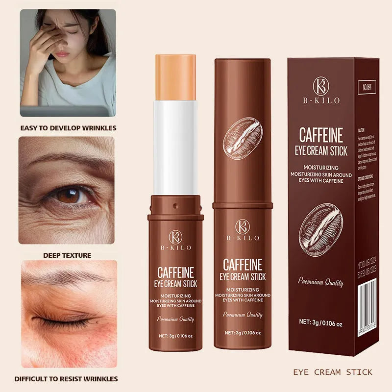 Caffeine eye cream stick in packaging, 3g net content for hydrating and reducing fine lines and dark circles.