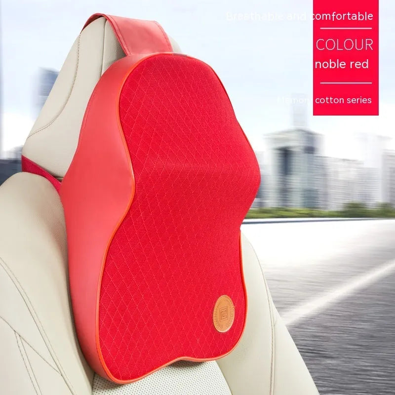 Memory foam automotive headrest pillow and lumbar support cushion set in coordinated colours