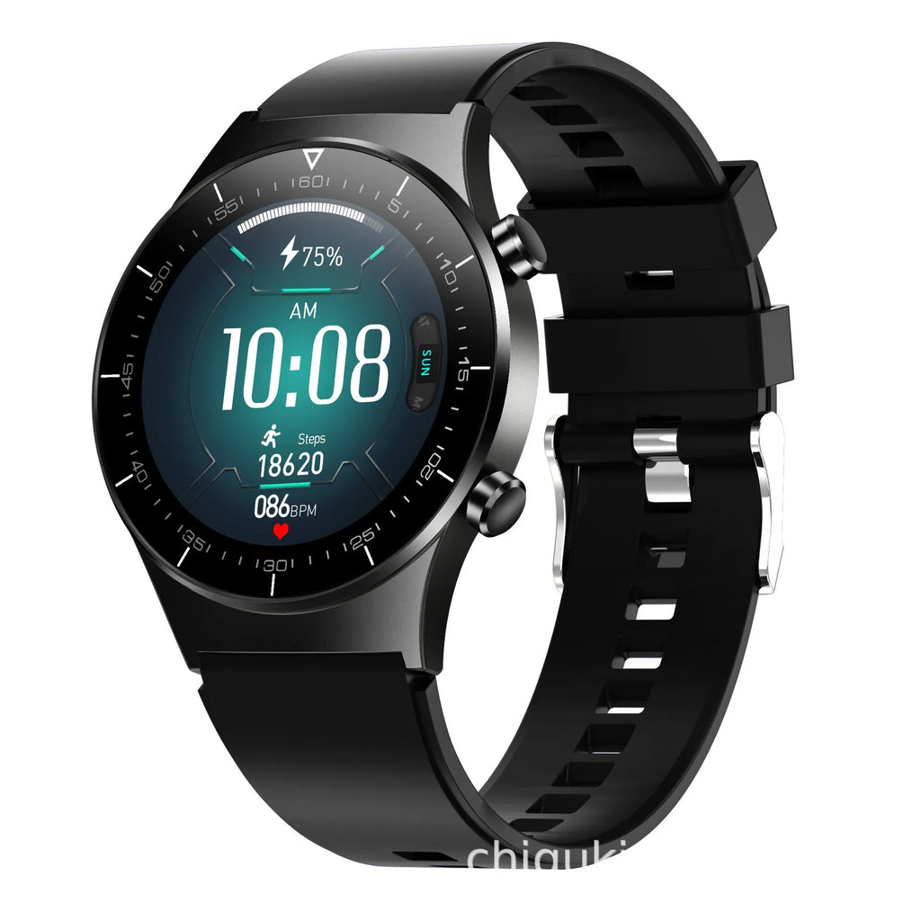 Black smart watch with TPU wristband showing heart rate monitoring display on 1.28-inch touchscreen