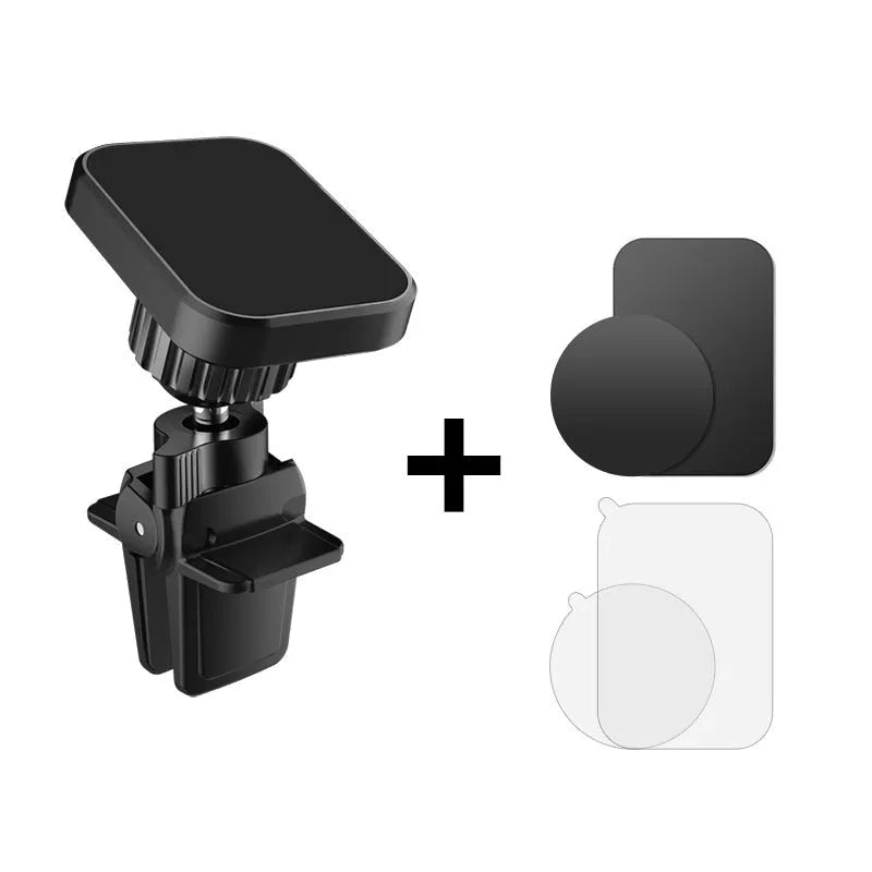 Black magnetic car phone holder mounted in vehicle air vent with mobile device attached