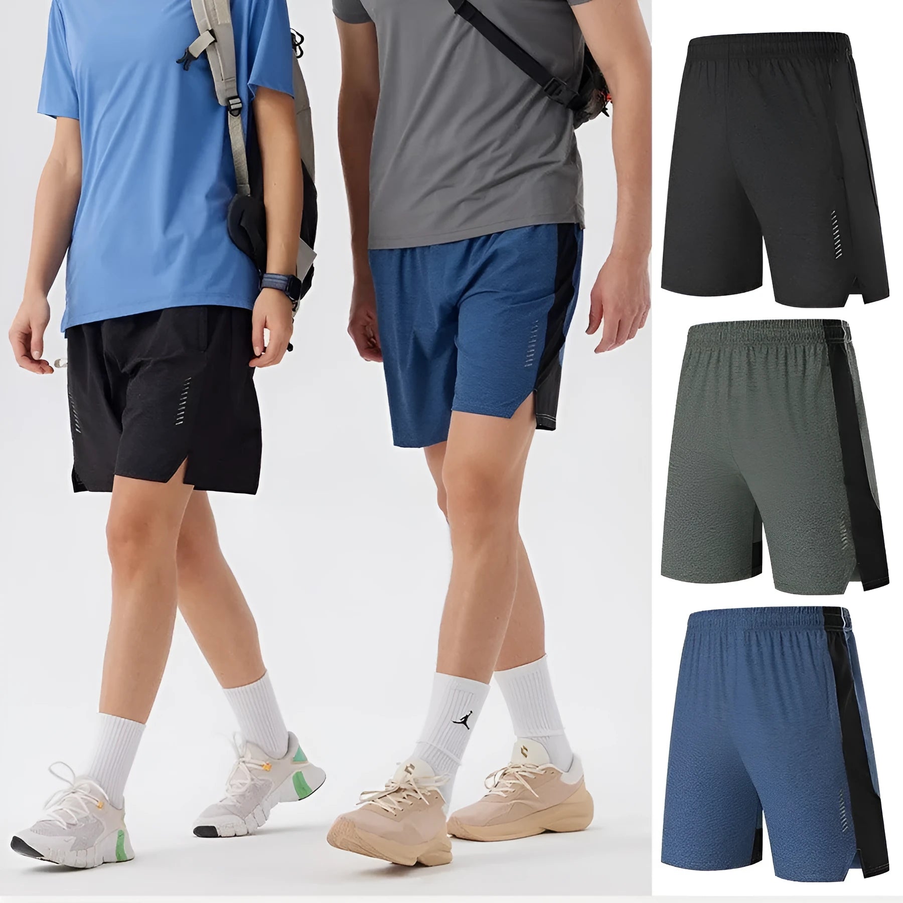 Men's forest green casual shorts with five-point seam construction and mid-waist fit