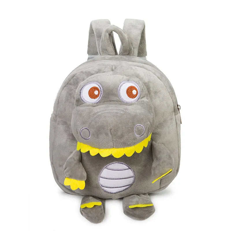 Soft blue dinosaur plush backpack for children with embroidery and a soft handle