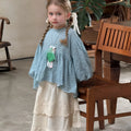 Blue cotton flower print doll shirt for girls round neck long sleeve Korean-style top