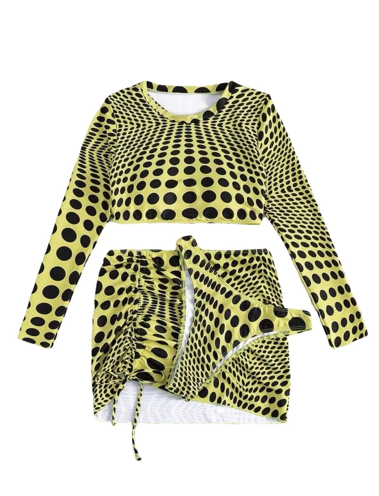 Green polka dot women's three-piece swimsuit set showing bikini top, skirt, and bra.