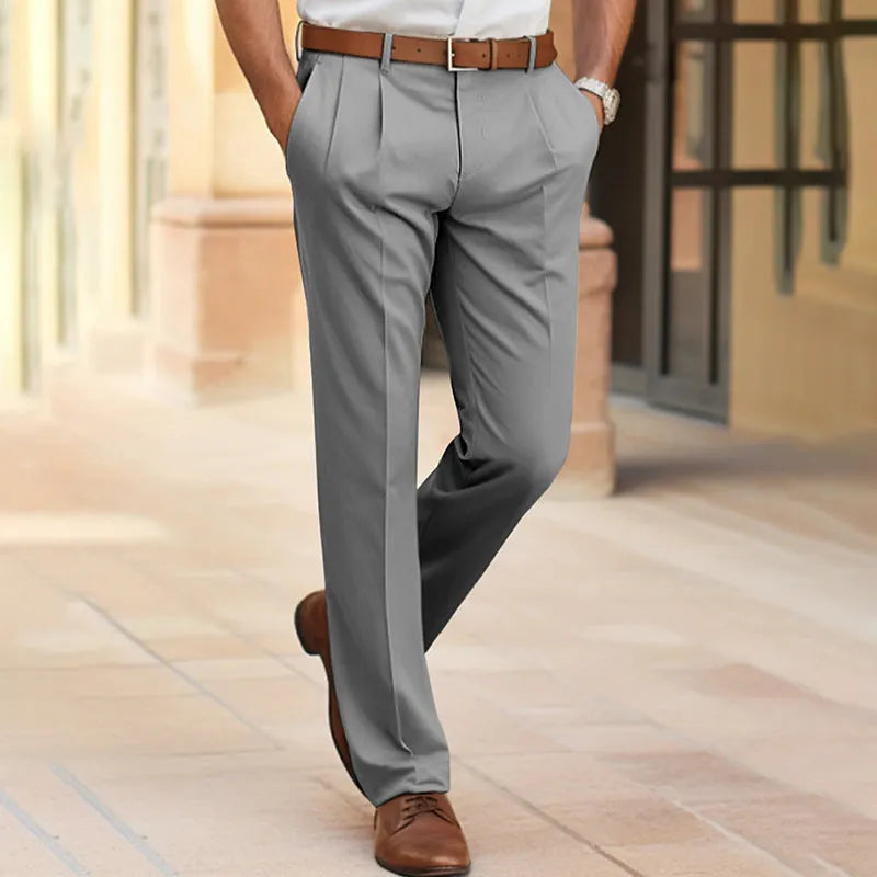 Men's casual suit pants mid waist straight polyester trousers in navy blue for office business formal wear