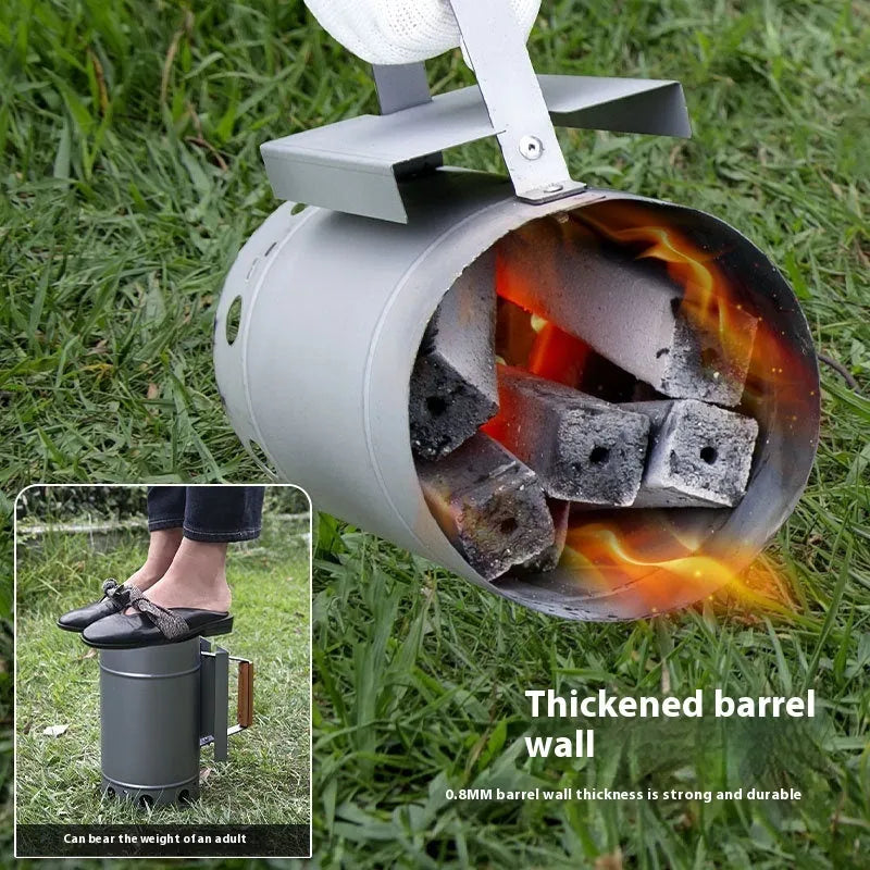 Outdoor barbecue charcoal fire starter in carbon barrel style with zinc-iron alloy construction