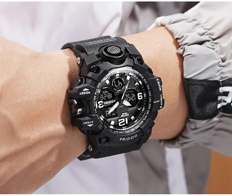 Men's white and red dual display sports watch with analogue hands and digital readout