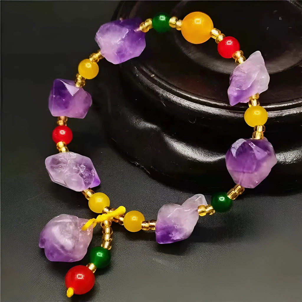 Natural shaped amethyst bead bracelet with fu character charm for women
