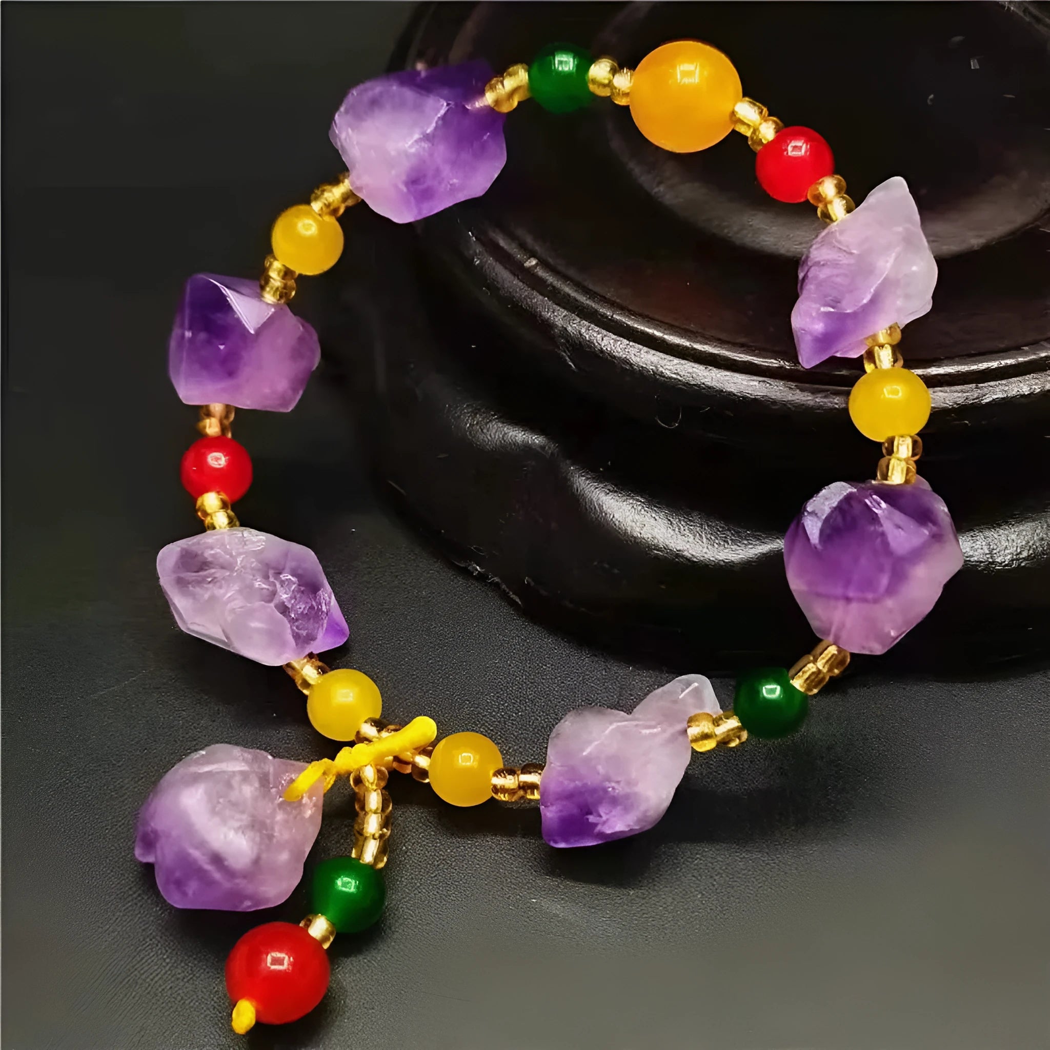 Natural shaped amethyst bead bracelet with fu character charm for women