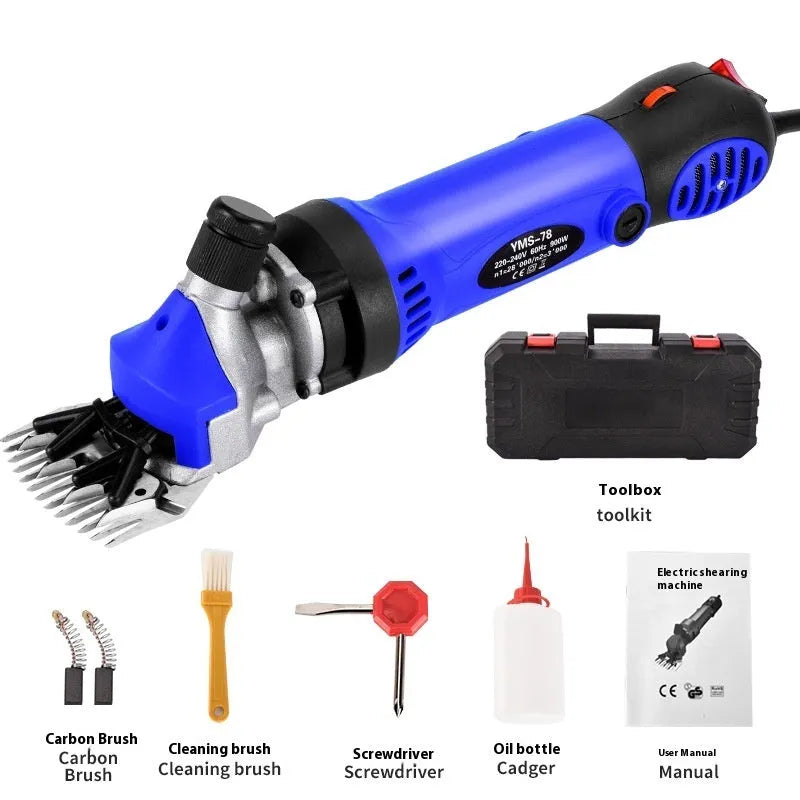 Yellow electric wool shearing machine with 110V plug and multiple blade attachments in plastic storage case