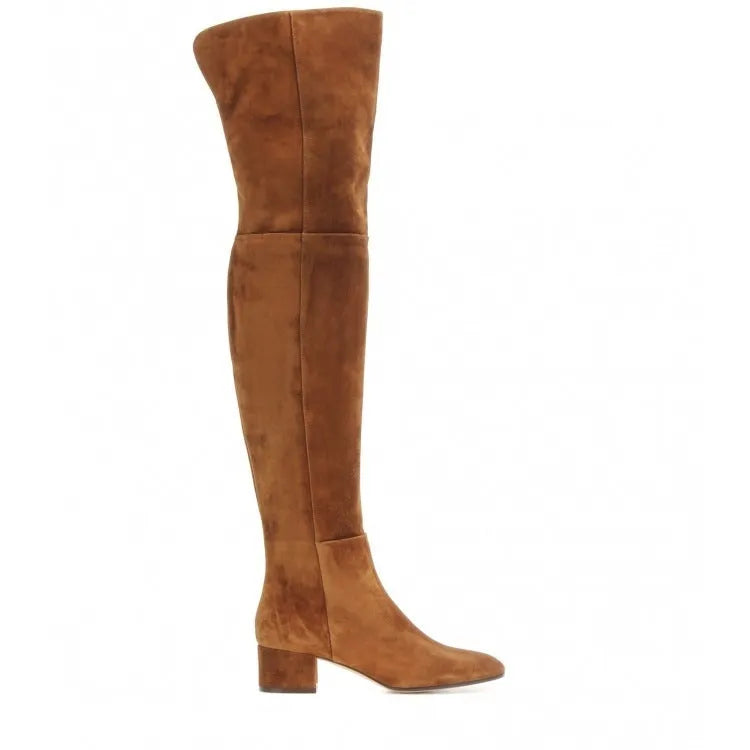 Grey women's suede over the knee flat boots with a chunky rubber sole and pointed toe.