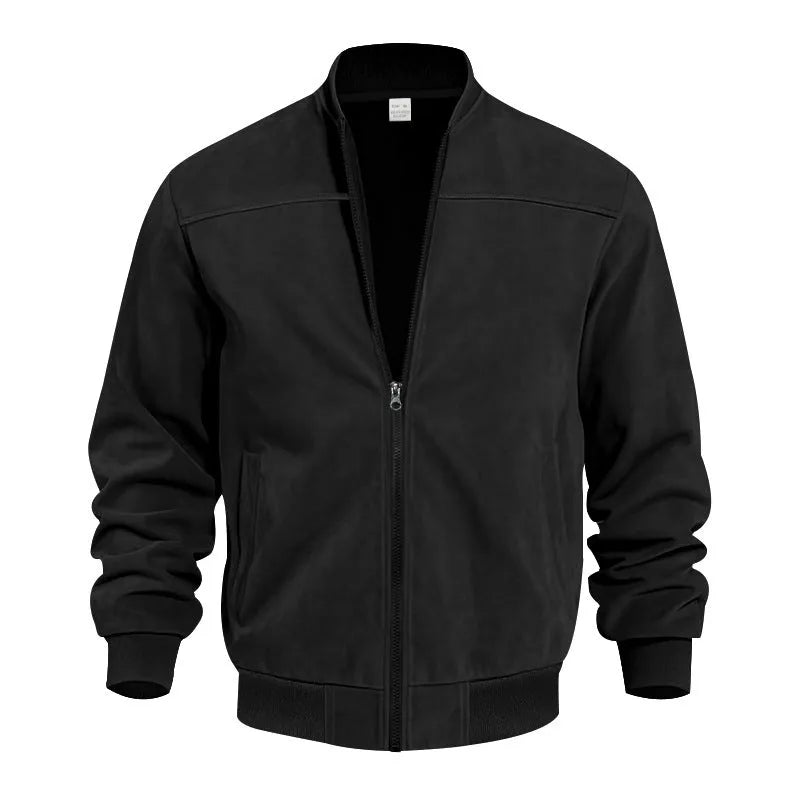 Men's plus-size suede casual zip jacket in Army Green, shown on a model.