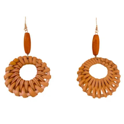 Vintage wooden bead rattan round earrings in brown with hand-woven geometric design