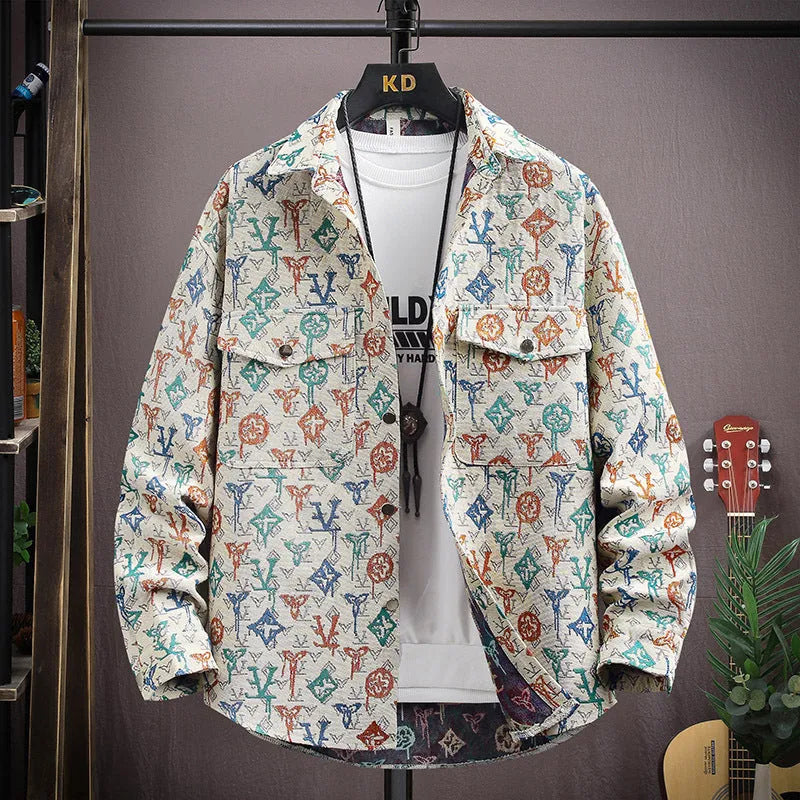 A casual long-sleeved lapel shirt coat in a straight hem style, shown in one of its available colours.