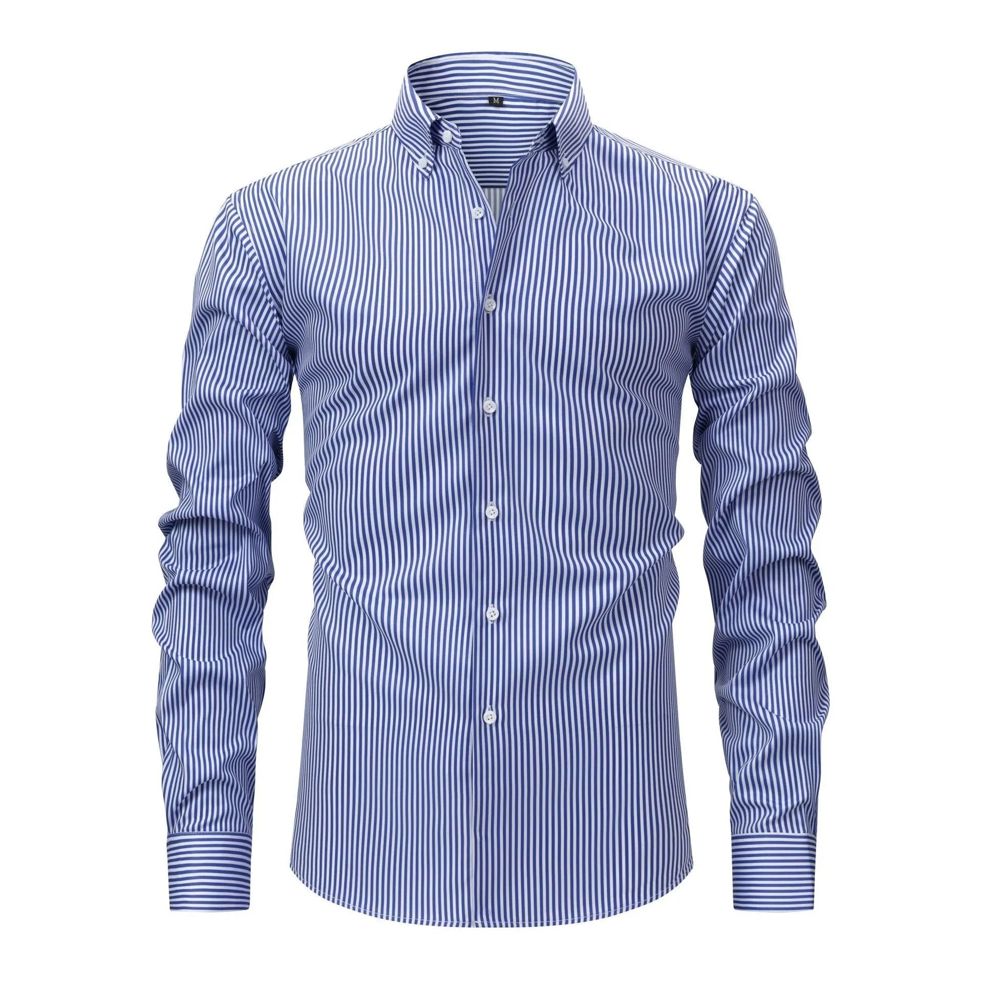 Man wearing a striped non-ironing long-sleeved business shirt with a lapel collar.