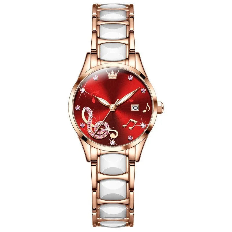 Fashion diamond inlaid women's quartz watch with steel ceramic strap, 28mm case, green dial