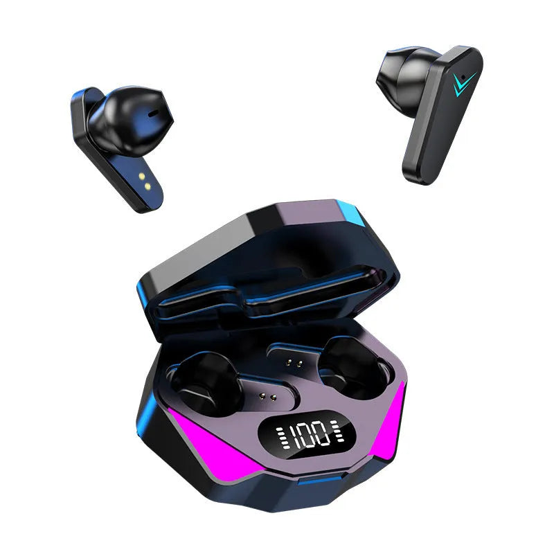 Black X15 wireless in-ear Bluetooth headphones with charging case.