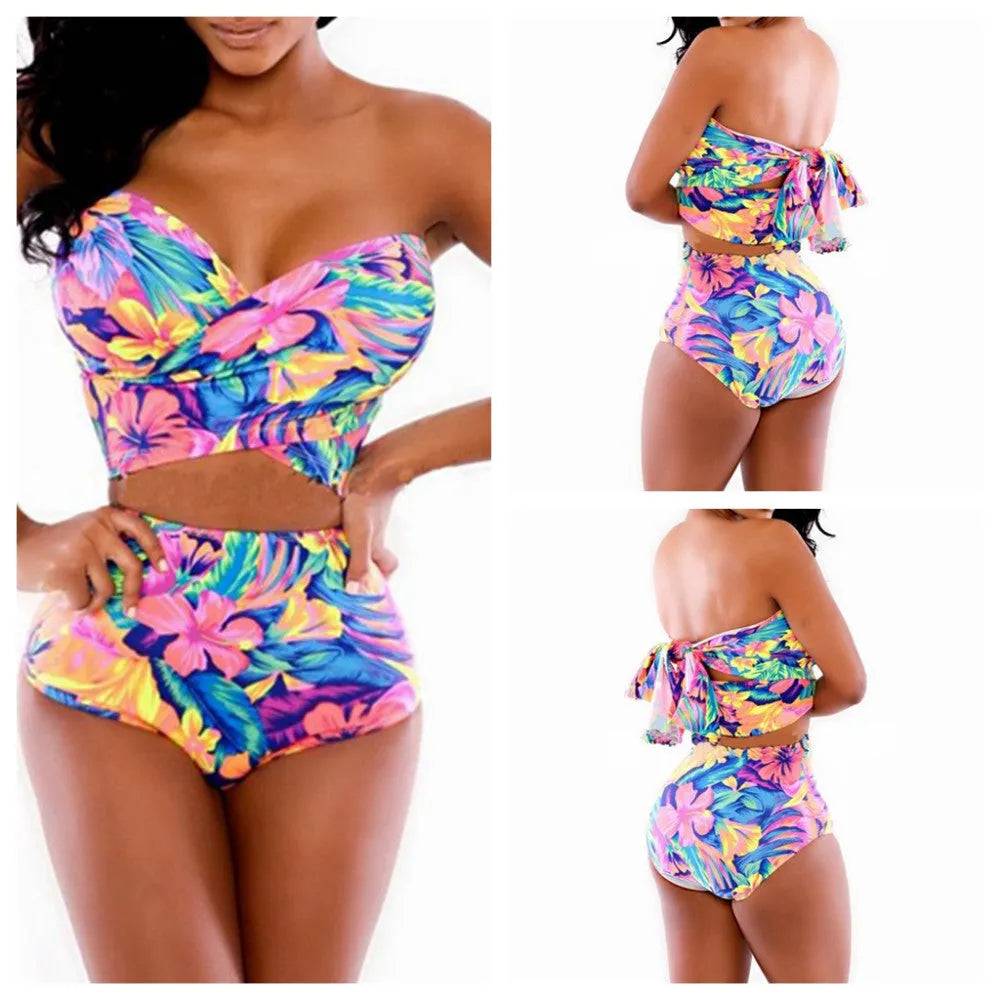 Red printed two-piece swimsuit with chest wrap top and pants, polyester and spandex
