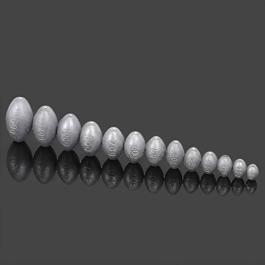 Rugby-shaped olive lead fishing weight with plastic core for sea fishing in various sizes