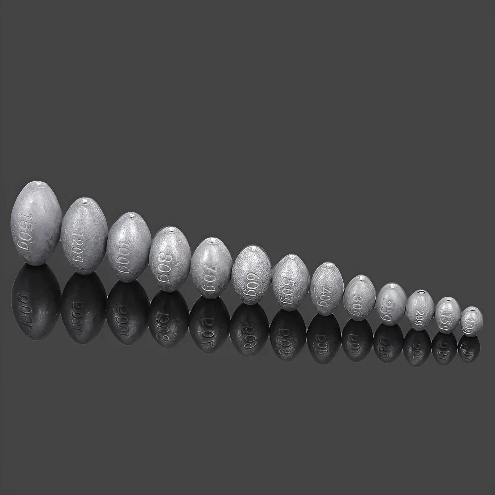 Rugby-shaped olive lead fishing weight with plastic core for sea fishing in various sizes