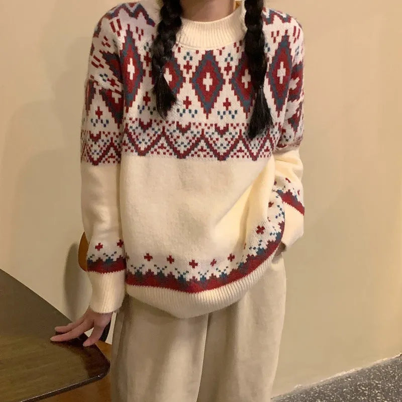 White and red striped loose fit retro knitted pullover top with long sleeves
