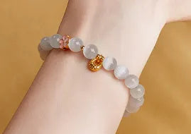 Sterling silver character fu bag bracelet with cold enamel peach blossom opal, flower shape, Gray Island Peach Blossom style, on white background