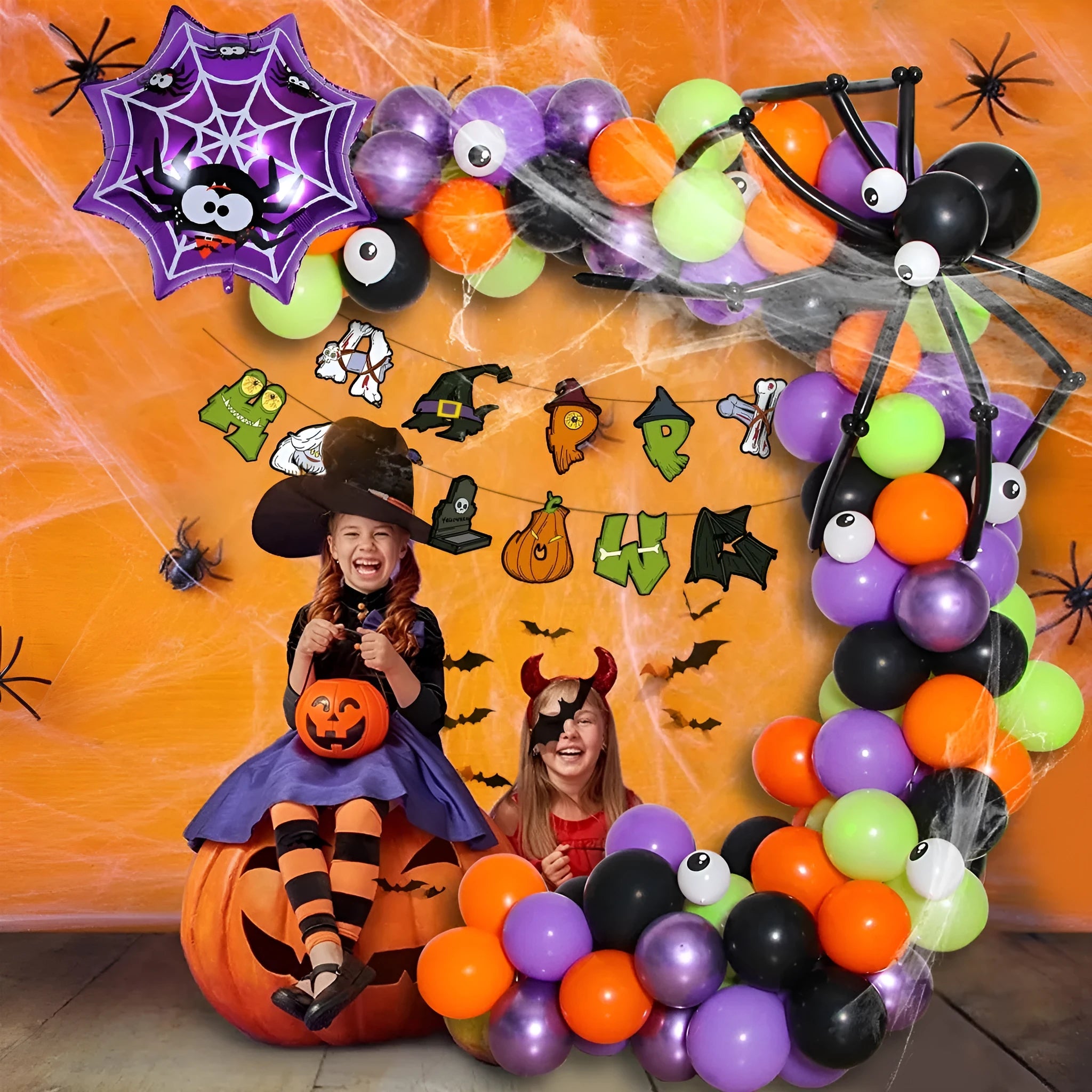 Halloween spider balloon arch decoration set with white and black latex balloons featuring skull and pumpkin designs