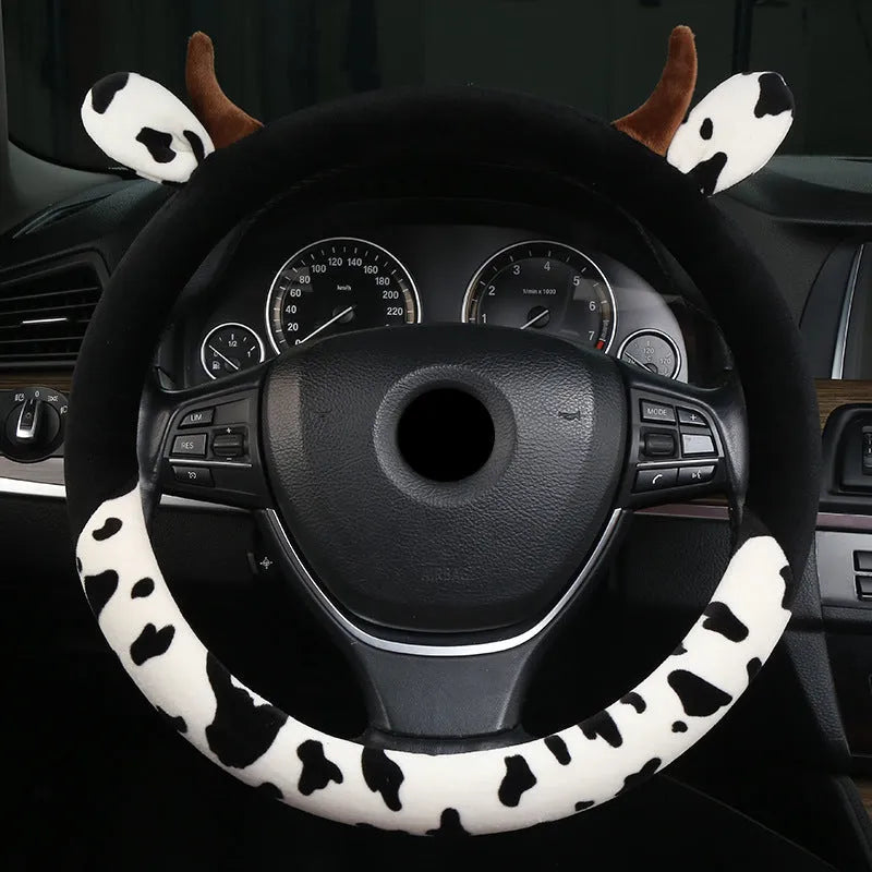 Short plush automotive steering wheel cover in 38cm size with protective handle