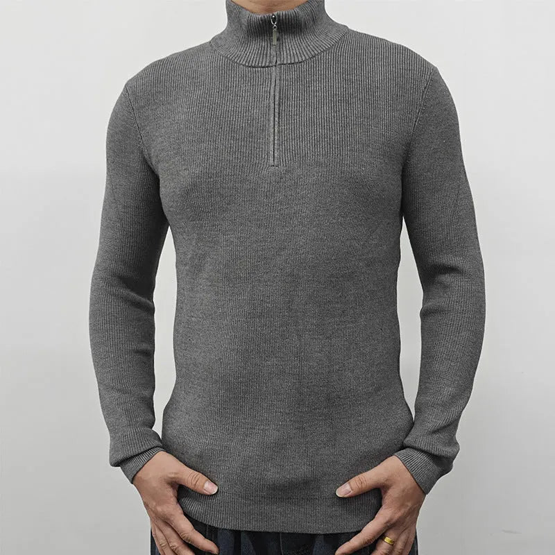 Men's grey half-turtleneck zipper pullover sweater on a hanger