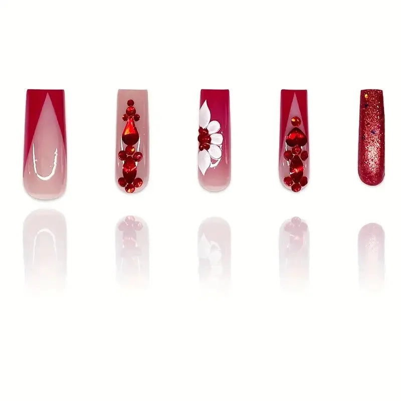Sweet flowers pattern removable fake nails with prismatic red diamonds in European square long shape