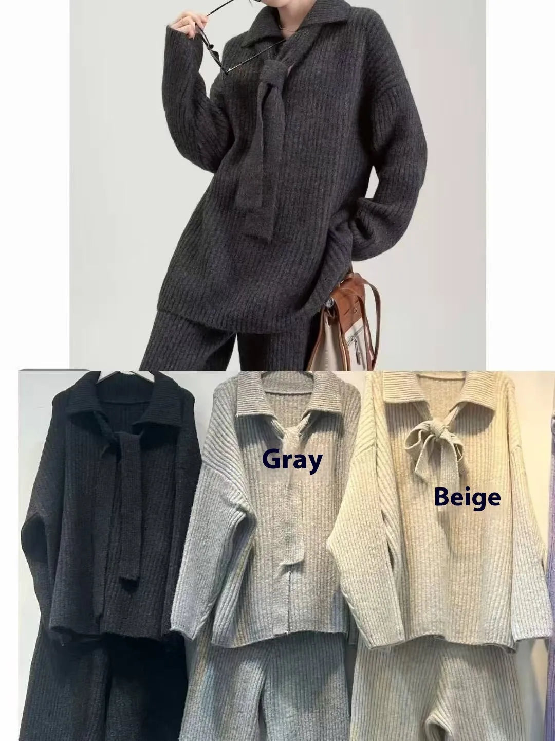 Imitation cashmere sweater suit two-piece set in four colours with long sleeves and trousers