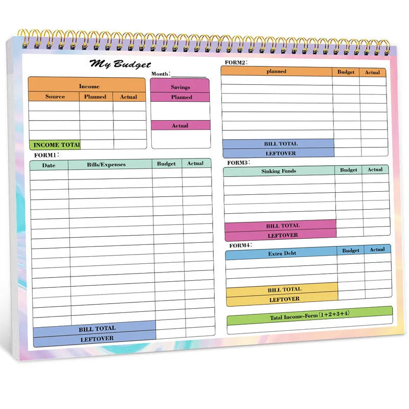 B5 budget tally book with blue PP cover and spiral binding, open on a table.